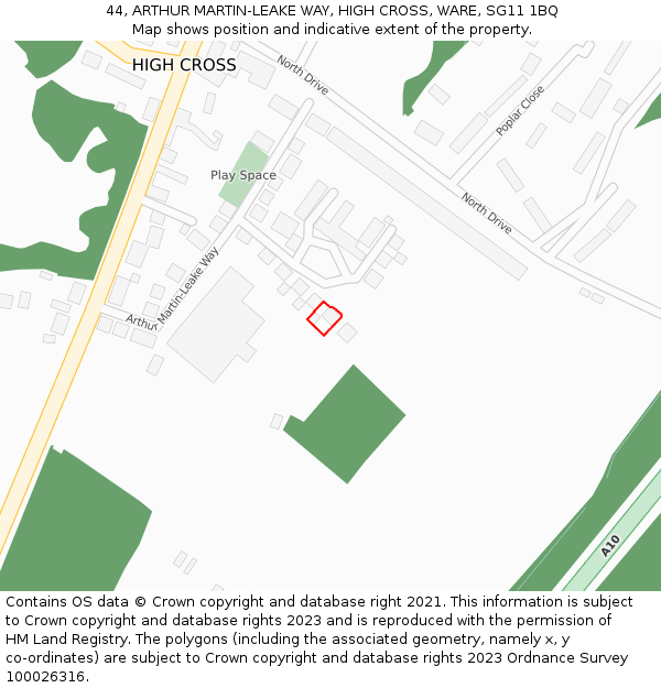 44, ARTHUR MARTIN-LEAKE WAY, HIGH CROSS, WARE, SG11 1BQ: Location map and indicative extent of plot