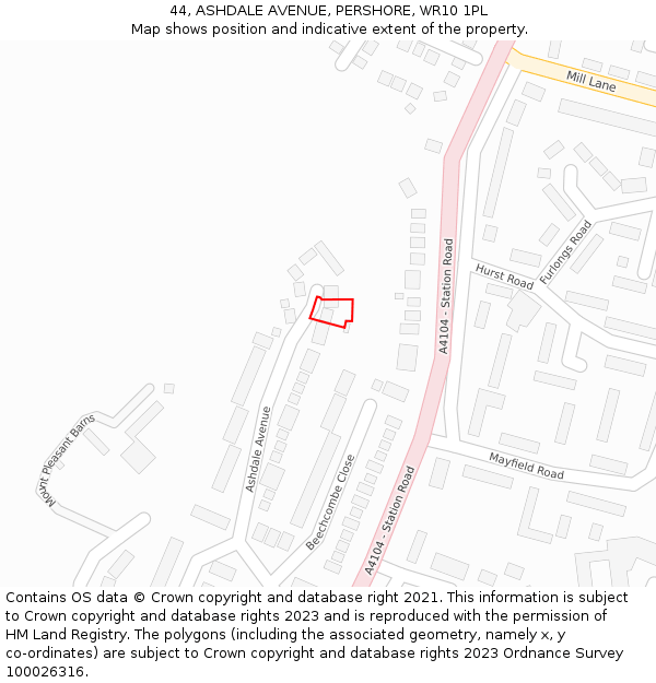 44, ASHDALE AVENUE, PERSHORE, WR10 1PL: Location map and indicative extent of plot