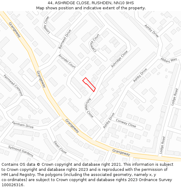 44, ASHRIDGE CLOSE, RUSHDEN, NN10 9HS: Location map and indicative extent of plot