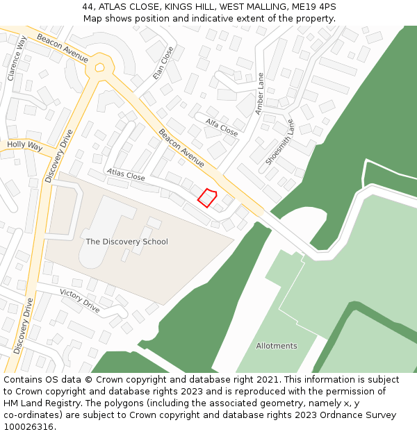 44, ATLAS CLOSE, KINGS HILL, WEST MALLING, ME19 4PS: Location map and indicative extent of plot