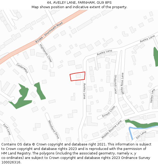 44, AVELEY LANE, FARNHAM, GU9 8PS: Location map and indicative extent of plot