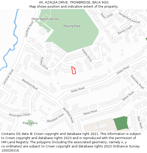 44, AZALEA DRIVE, TROWBRIDGE, BA14 9GG: Location map and indicative extent of plot