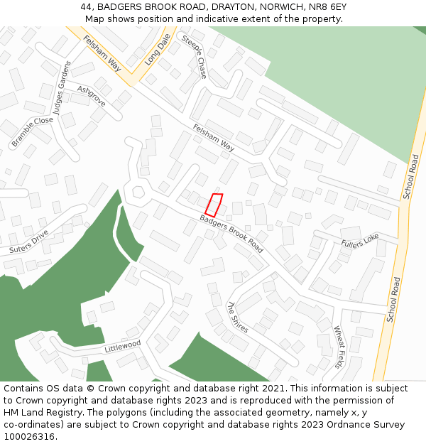 44, BADGERS BROOK ROAD, DRAYTON, NORWICH, NR8 6EY: Location map and indicative extent of plot