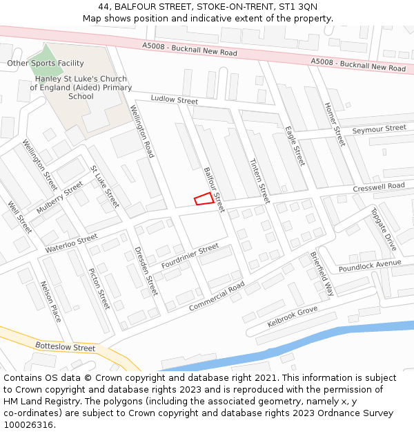 44, BALFOUR STREET, STOKE-ON-TRENT, ST1 3QN: Location map and indicative extent of plot