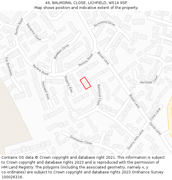 44, BALMORAL CLOSE, LICHFIELD, WS14 9SP: Location map and indicative extent of plot