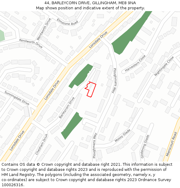 44, BARLEYCORN DRIVE, GILLINGHAM, ME8 9NA: Location map and indicative extent of plot