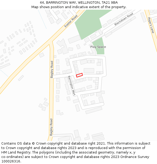 44, BARRINGTON WAY, WELLINGTON, TA21 9BA: Location map and indicative extent of plot