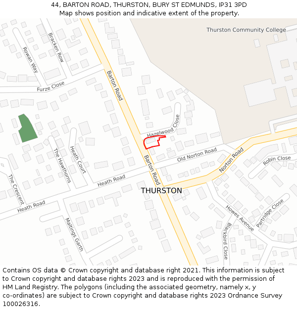 44, BARTON ROAD, THURSTON, BURY ST EDMUNDS, IP31 3PD: Location map and indicative extent of plot