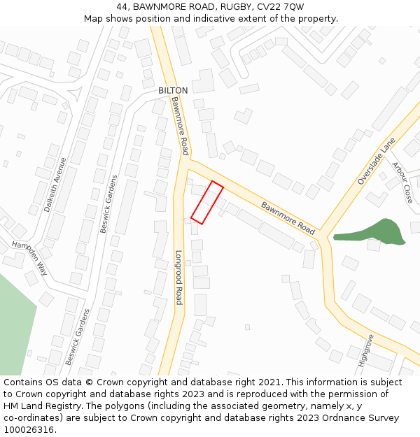 44, BAWNMORE ROAD, RUGBY, CV22 7QW: Location map and indicative extent of plot