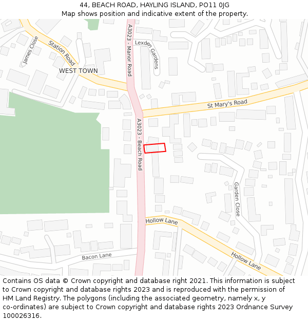 44, BEACH ROAD, HAYLING ISLAND, PO11 0JG: Location map and indicative extent of plot