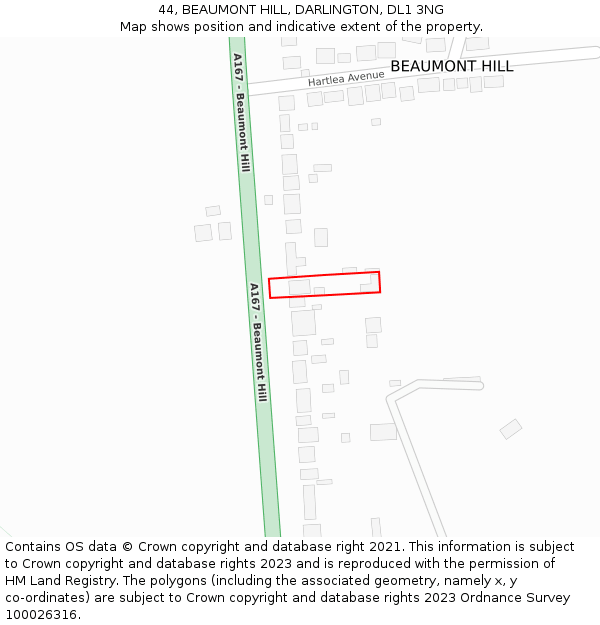 44, BEAUMONT HILL, DARLINGTON, DL1 3NG: Location map and indicative extent of plot