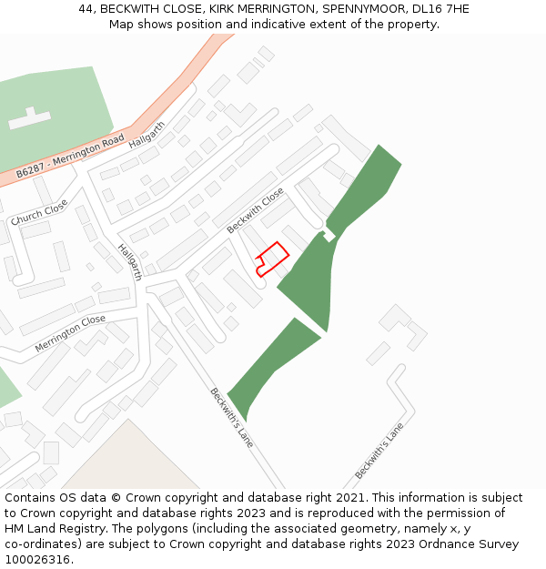 44, BECKWITH CLOSE, KIRK MERRINGTON, SPENNYMOOR, DL16 7HE: Location map and indicative extent of plot