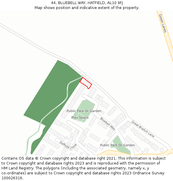 44, BLUEBELL WAY, HATFIELD, AL10 9FJ: Location map and indicative extent of plot