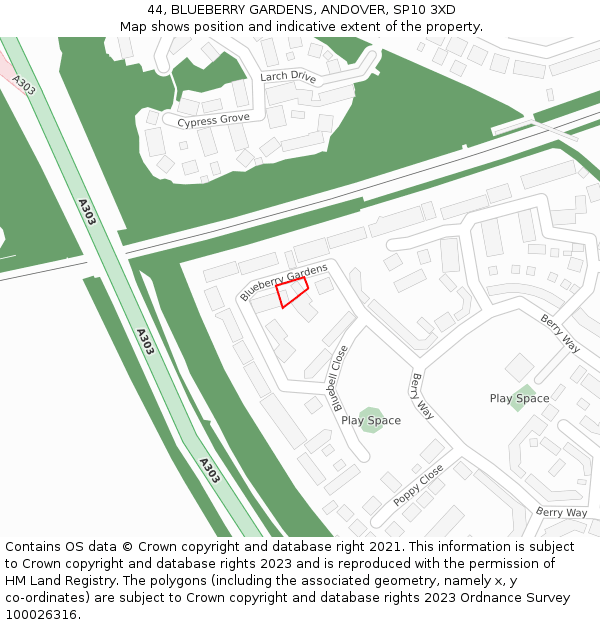 44, BLUEBERRY GARDENS, ANDOVER, SP10 3XD: Location map and indicative extent of plot