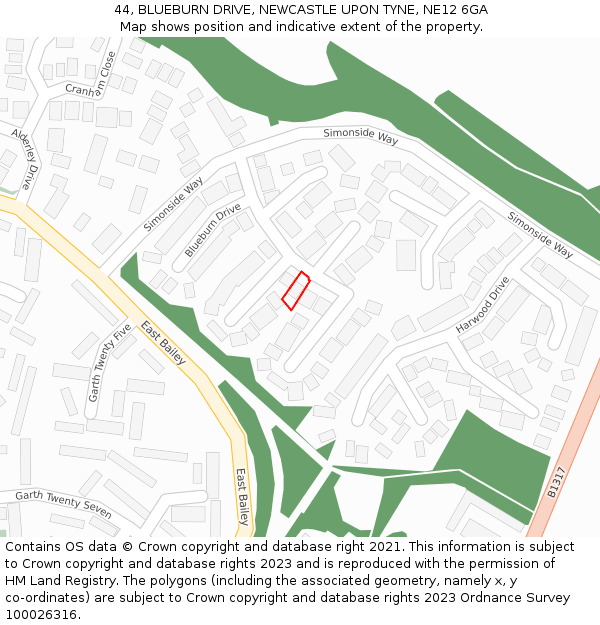 44, BLUEBURN DRIVE, NEWCASTLE UPON TYNE, NE12 6GA: Location map and indicative extent of plot