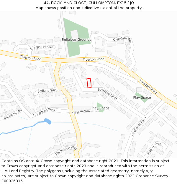 44, BOCKLAND CLOSE, CULLOMPTON, EX15 1JQ: Location map and indicative extent of plot
