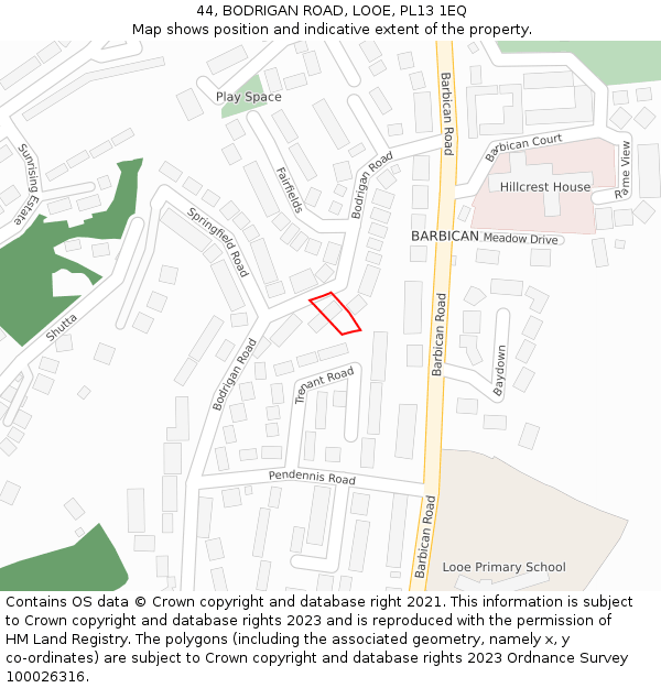 44, BODRIGAN ROAD, LOOE, PL13 1EQ: Location map and indicative extent of plot