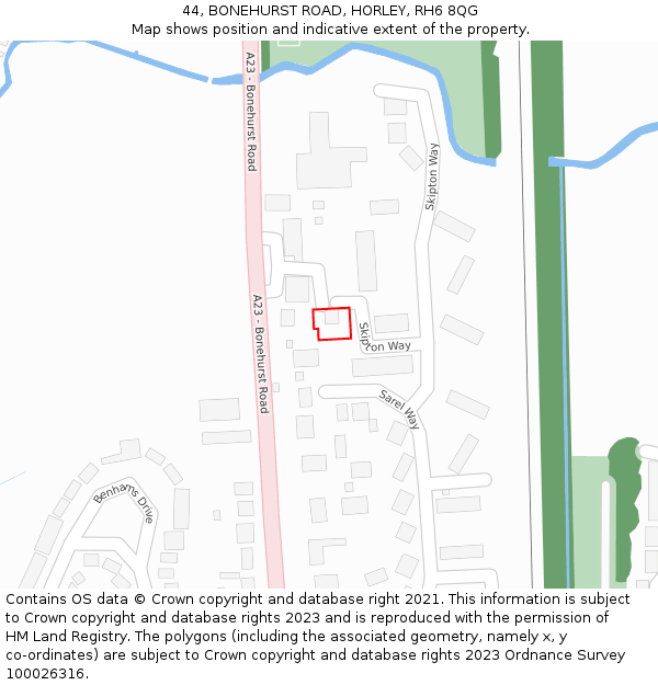 44, BONEHURST ROAD, HORLEY, RH6 8QG: Location map and indicative extent of plot