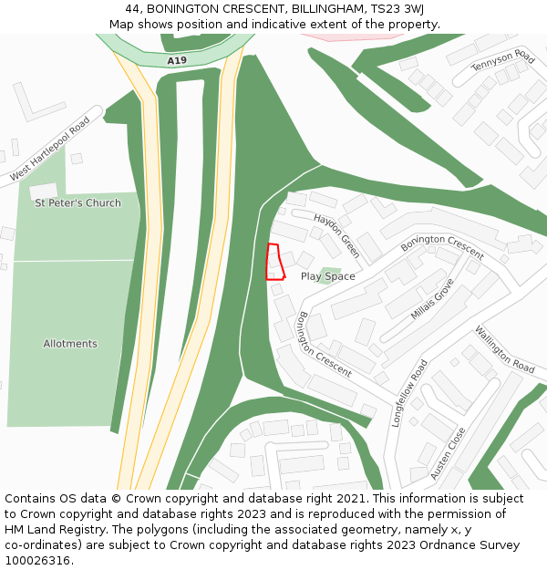 44, BONINGTON CRESCENT, BILLINGHAM, TS23 3WJ: Location map and indicative extent of plot