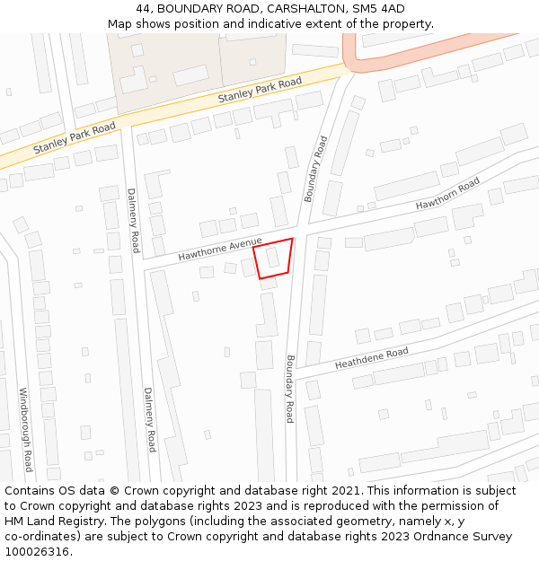 44, BOUNDARY ROAD, CARSHALTON, SM5 4AD: Location map and indicative extent of plot