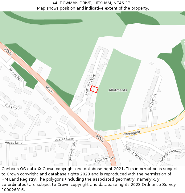 44, BOWMAN DRIVE, HEXHAM, NE46 3BU: Location map and indicative extent of plot