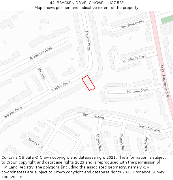 44, BRACKEN DRIVE, CHIGWELL, IG7 5RF: Location map and indicative extent of plot