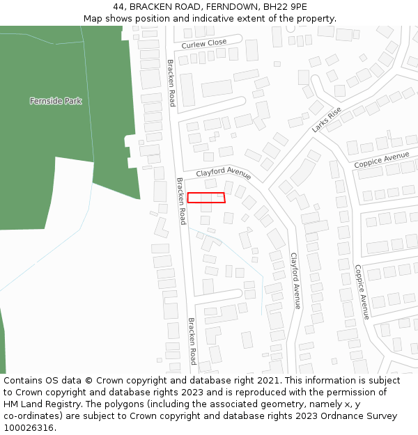44, BRACKEN ROAD, FERNDOWN, BH22 9PE: Location map and indicative extent of plot