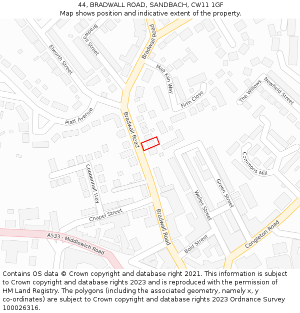 44, BRADWALL ROAD, SANDBACH, CW11 1GF: Location map and indicative extent of plot