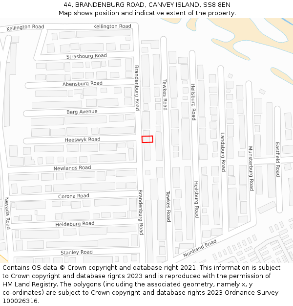 44, BRANDENBURG ROAD, CANVEY ISLAND, SS8 8EN: Location map and indicative extent of plot