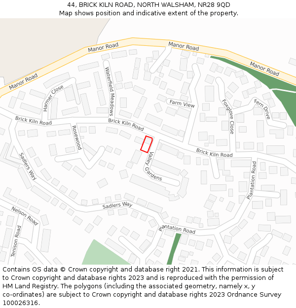 44, BRICK KILN ROAD, NORTH WALSHAM, NR28 9QD: Location map and indicative extent of plot