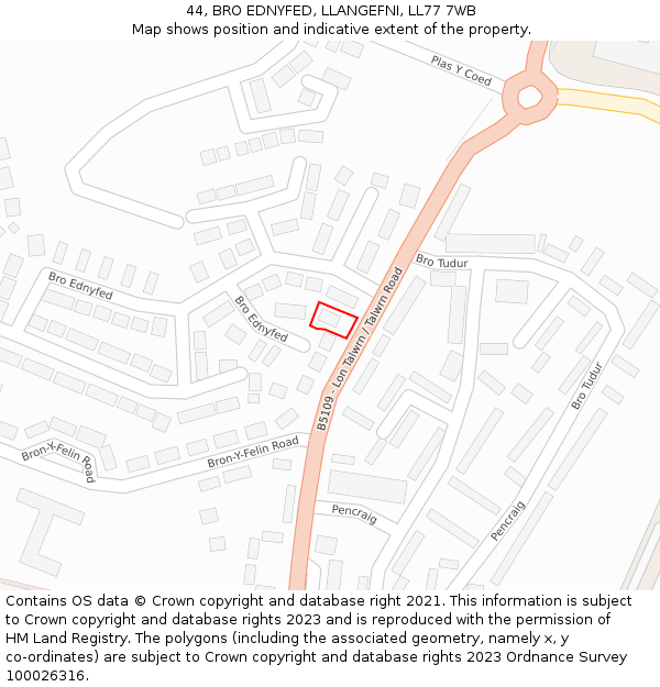 44, BRO EDNYFED, LLANGEFNI, LL77 7WB: Location map and indicative extent of plot