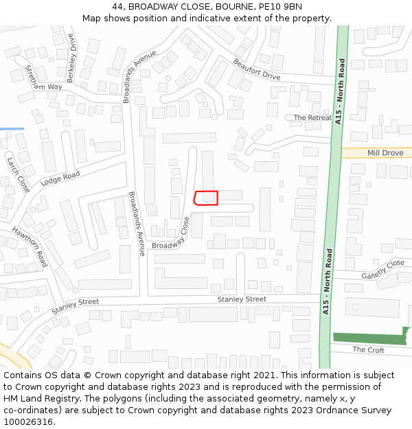 44, BROADWAY CLOSE, BOURNE, PE10 9BN: Location map and indicative extent of plot