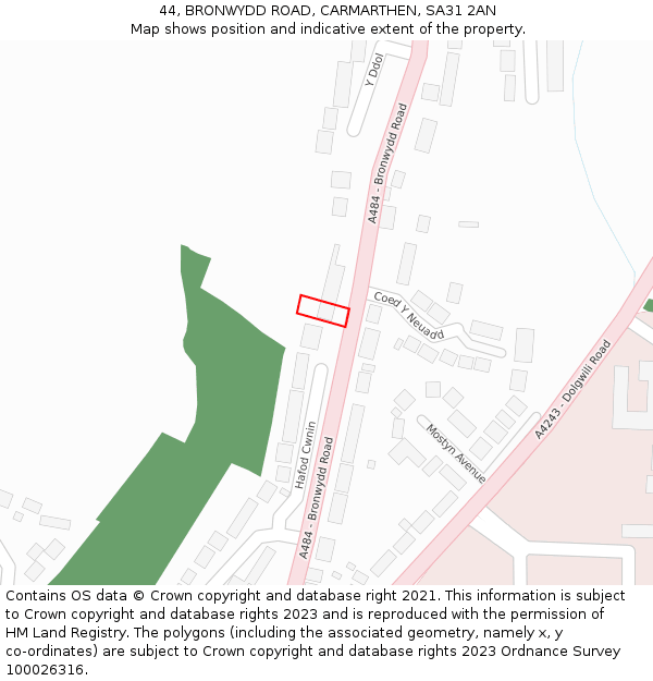 44, BRONWYDD ROAD, CARMARTHEN, SA31 2AN: Location map and indicative extent of plot