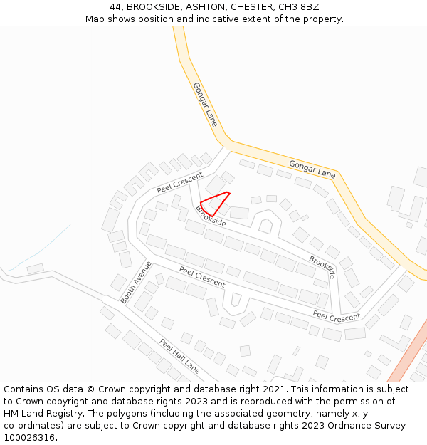 44, BROOKSIDE, ASHTON, CHESTER, CH3 8BZ: Location map and indicative extent of plot