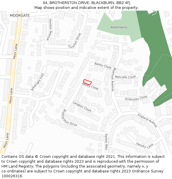44, BROTHERSTON DRIVE, BLACKBURN, BB2 4FJ: Location map and indicative extent of plot