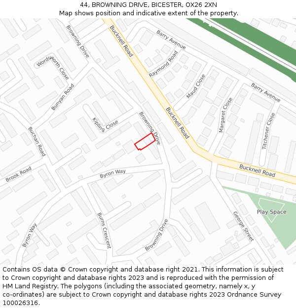 44, BROWNING DRIVE, BICESTER, OX26 2XN: Location map and indicative extent of plot