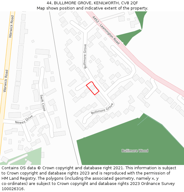 44, BULLIMORE GROVE, KENILWORTH, CV8 2QF: Location map and indicative extent of plot