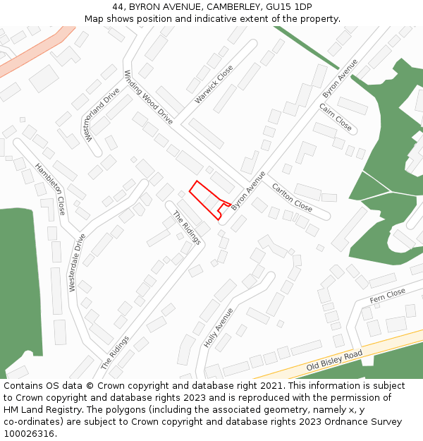 44, BYRON AVENUE, CAMBERLEY, GU15 1DP: Location map and indicative extent of plot