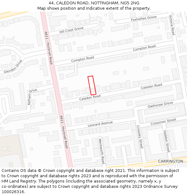 44, CALEDON ROAD, NOTTINGHAM, NG5 2NG: Location map and indicative extent of plot