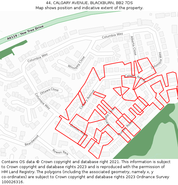 44, CALGARY AVENUE, BLACKBURN, BB2 7DS: Location map and indicative extent of plot