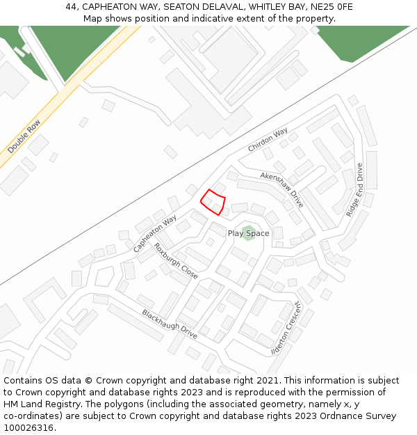 44, CAPHEATON WAY, SEATON DELAVAL, WHITLEY BAY, NE25 0FE: Location map and indicative extent of plot