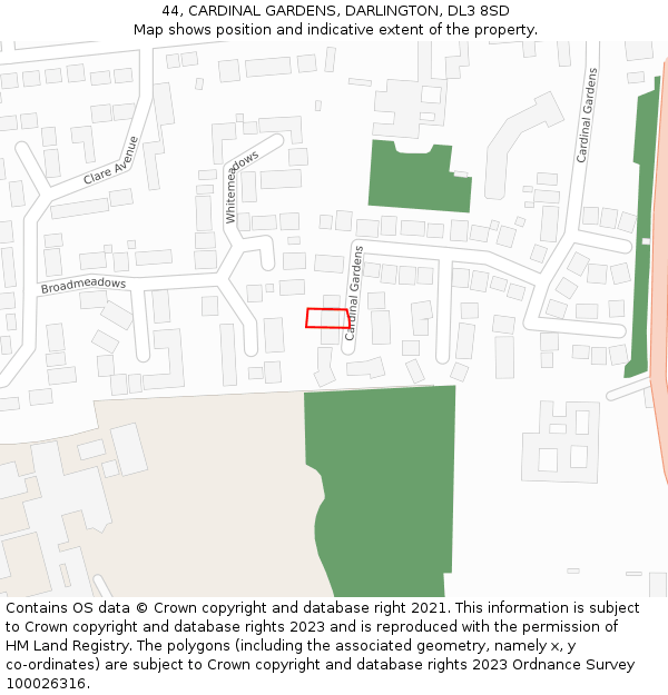 44, CARDINAL GARDENS, DARLINGTON, DL3 8SD: Location map and indicative extent of plot