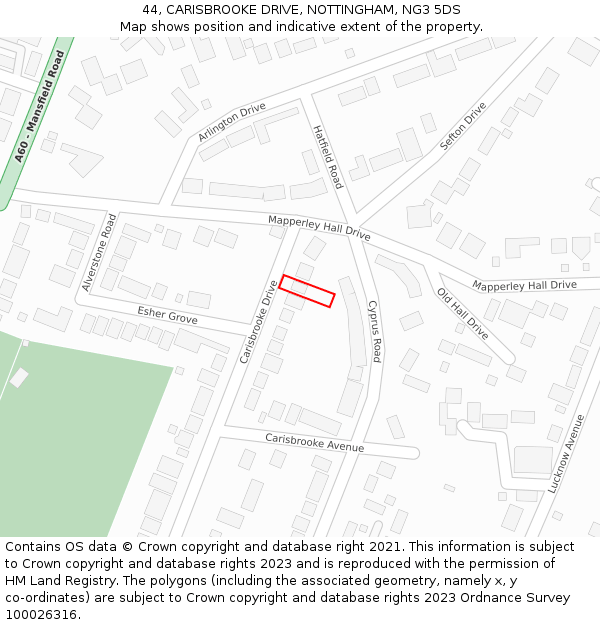 44, CARISBROOKE DRIVE, NOTTINGHAM, NG3 5DS: Location map and indicative extent of plot