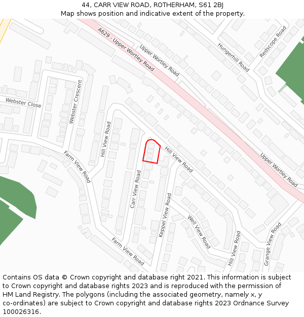 44, CARR VIEW ROAD, ROTHERHAM, S61 2BJ: Location map and indicative extent of plot