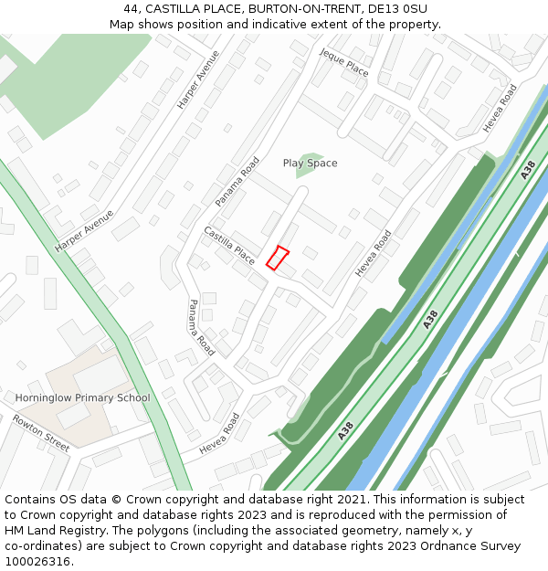 44, CASTILLA PLACE, BURTON-ON-TRENT, DE13 0SU: Location map and indicative extent of plot
