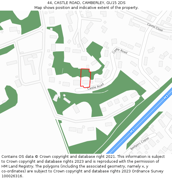 44, CASTLE ROAD, CAMBERLEY, GU15 2DS: Location map and indicative extent of plot