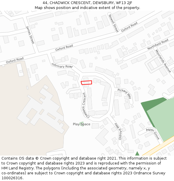 44, CHADWICK CRESCENT, DEWSBURY, WF13 2JF: Location map and indicative extent of plot