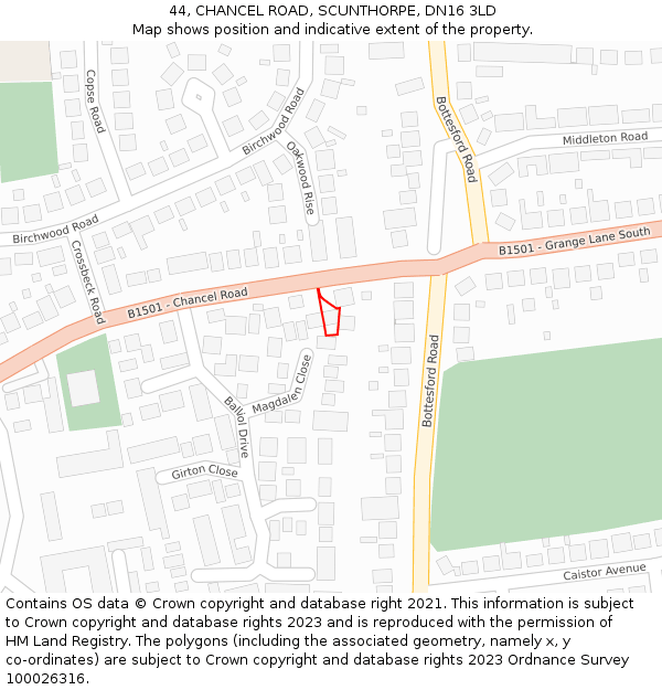 44, CHANCEL ROAD, SCUNTHORPE, DN16 3LD: Location map and indicative extent of plot