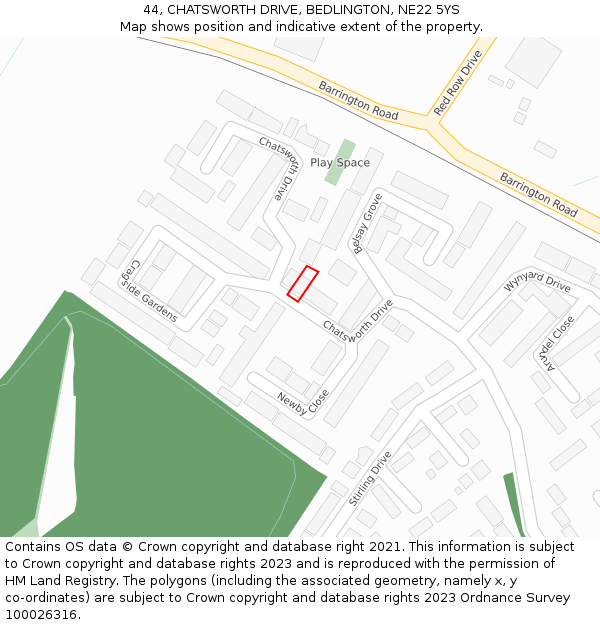 44, CHATSWORTH DRIVE, BEDLINGTON, NE22 5YS: Location map and indicative extent of plot
