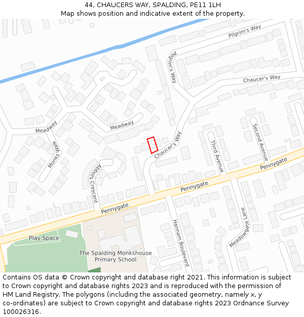 44, CHAUCERS WAY, SPALDING, PE11 1LH: Location map and indicative extent of plot